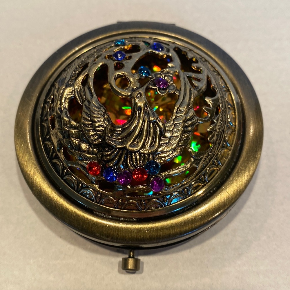 NWOT Brass Double Mirror Compact, Raised Jeweled Design with Bird